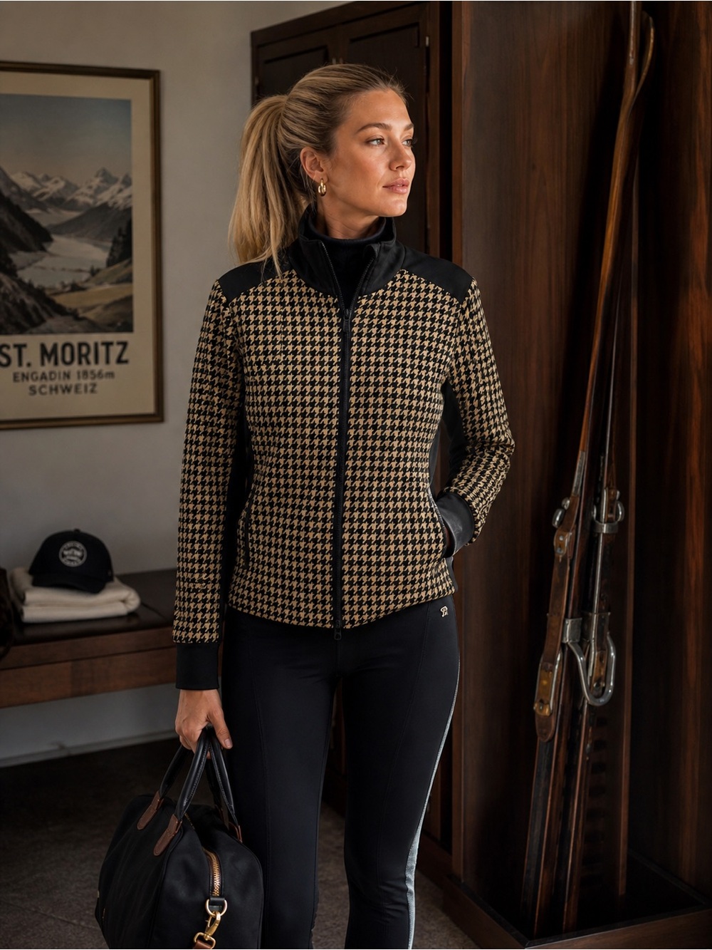 Goldbergh Houndstooth Sport Jacket XL Zip Athletic Luxury Old Money Sporty Soft